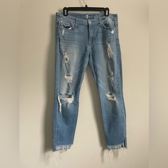 7 For All Mankind Step Hem Distressed Ankle Skinny in Melbourne Sky - Picture 3 of 11